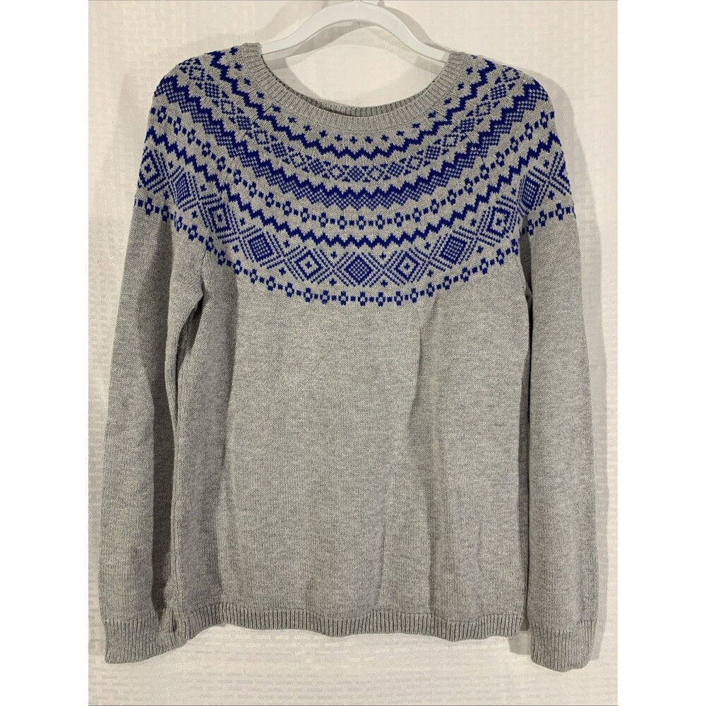 Talbots Gray and Blue Patterned Crew Neck Sweater
